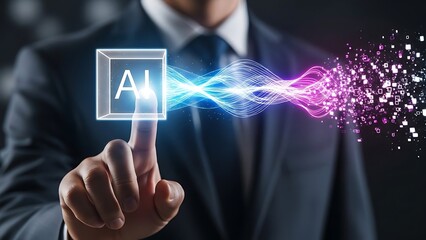 Futuristic AI Technology Concept Abstracted by a Finger Touching a Glowing Digital Interface with Energy Waves