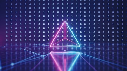 Neon holographic triangle with digital data grid and network lines abstract background