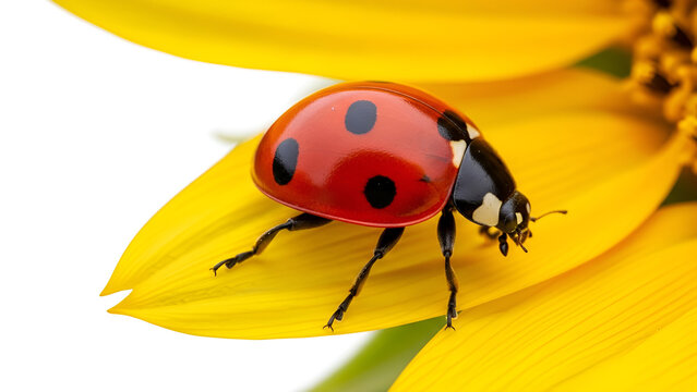 Macro photo of a red ladybug with black spots walking on a bright yellow sunflower petal - Powered by Adobe