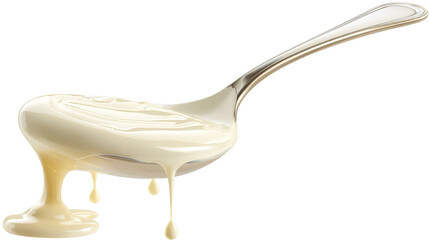 Condensed milk flowing down from spoon isolated on transparent white background.