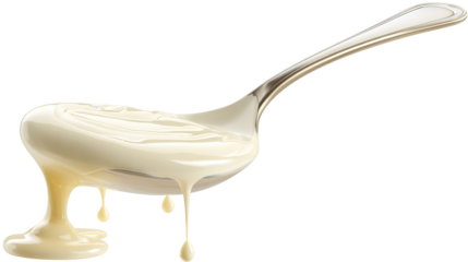 Condensed milk flowing down from spoon isolated on transparent white background.