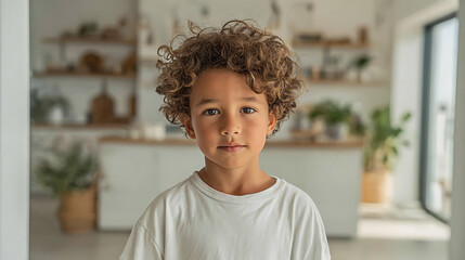 curly haired boy in cozy modern home interior wearing white tshirt looking at camera capturing cute kid moment and family lifestyle