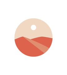 Minimal desert landscape illustration with warm tones, sun, and sand dunes. Clean geometric shape suitable for wall art, posters, stickers, and modern aesthetic designs.