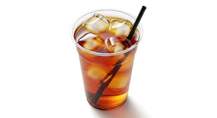 Refreshing Iced Tea in a Clear Plastic Cup with Ice and Straw on White Background