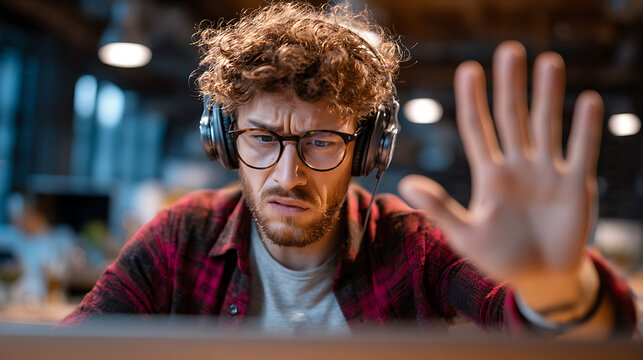 online work struggle concept featuring frustrated young professional with headphones facing laptop problems and communication stress