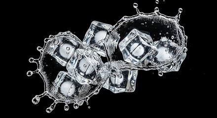 Dynamic splash of clear ice cubes creating refreshing ripples in water on a dark background