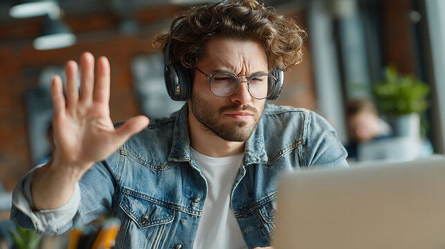 online work struggle concept featuring frustrated young professional with headphones facing laptop problems and communication stress