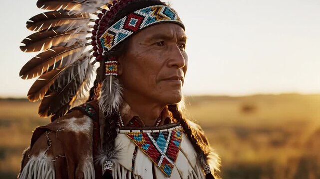 Dignified Indigenous Elder's Profound Gaze at Golden Sunset, Adorned in Traditional Regalia on Vast Prairie