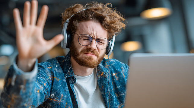 online work struggle concept featuring frustrated young professional with headphones facing laptop problems and communication stress