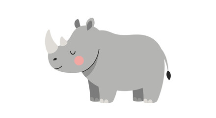 Obraz premium A sweet and gentle grey cartoon rhinoceros with closed eyes and pink cheeks smiles on a clean white background.