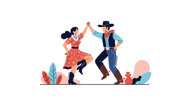 A cartoon illustration of a joyful cowboy and cowgirl doing a lively square dance, holding hands and kicking up their heels.