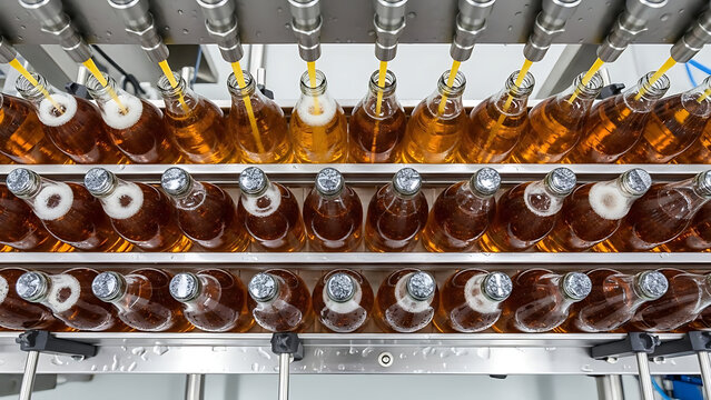 Automated Bottling A High-Angle View of Beverage Filling and Production Line Efficiency