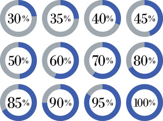 Infographic Circle with Percentage Icon set. Round diagrams icons for infographics from 0 to 100 percent collection.Design for dashboards, UI, reports, and analytics visuals. Vector illustration.