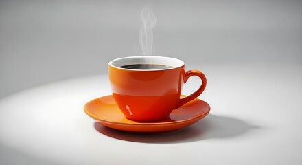 Obraz premium A vibrant orange coffee cup and saucer sit on a minimalist white backdrop, the steam rising from the hot beverage, perfect for your morning routine