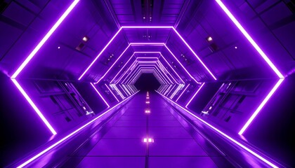A perspective view of a purple illuminated futuristic hallway with geometric lights