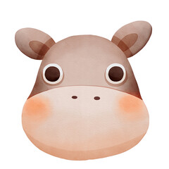 A Cute Watercolor Animal Face Clipart, Cute cartoon hippo face with large eyes and a rounded shape.