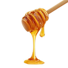 Honey isolated on white or transparent background. Jar with honey and honey dipper with drop of honey