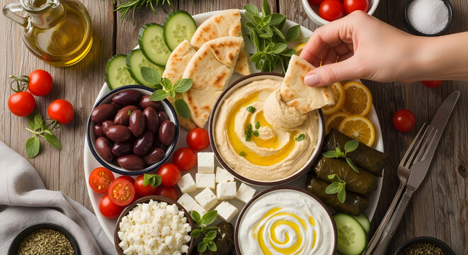 Mediterranean platter with hummus, olives, feta, pita, and vegetables. - Powered by Adobe