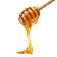 Honey isolated on white or transparent background. Jar with honey and honey dipper with drop of honey