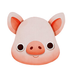 A Cute Watercolor Animal Face Clipart, Cute cartoon pig face with big eyes and a friendly expression.