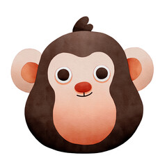 A Cute Watercolor Animal Face Clipart, Cute cartoon monkey face with large eyes and cheerful expression.