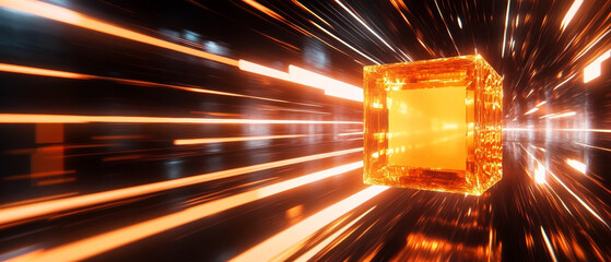 Abstract glowing orange neon cube with speed motion blur lines background