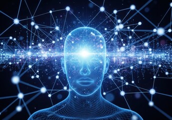 Abstract representation of artificial intelligence and human consciousness with glowing digital network connections surrounding a wireframe head