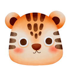 A Cute Watercolor Animal Face Clipart, A cute cartoon tiger face with a friendly expression and distinctive stripes.