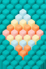 3D rendering. Colorful  pattern of cubes of different shapes. Minimalistic pattern of simple shapes. Bright creative symmetric texture