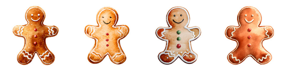 Set of Christmas watercolor gingerbread cookies, isolated on transparent background