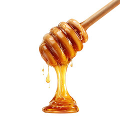 Honey isolated on white or transparent background. Jar with honey and honey dipper with drop of honey