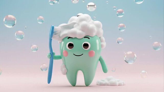 Animated tooth character brushing foam bubbles clean dental hygiene concept