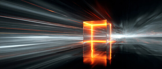 Abstract glowing orange neon cube with speed motion blur lines background
