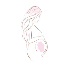 Pregnancy & Motherhood Banner Vector – Happy Mother’s Day Illustration with Pregnant Woman Hugging Baby Bump, Expecting Mom Character, Maternity Design with Text Space