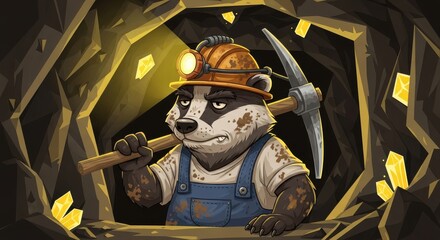 Cartoon Badger Wearing Mining Equipment