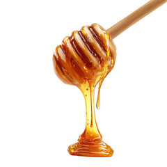 Honey isolated on white or transparent background. Jar with honey and honey dipper with drop of honey
