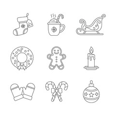 Cozy Christmas and Winter Holiday Season Line Icons Set
