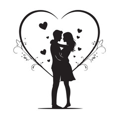 Romantic Couple Silhouette in Heart Frame with Floral Accents