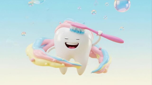 Animated tooth character with toothbrush in bright colorful environment
