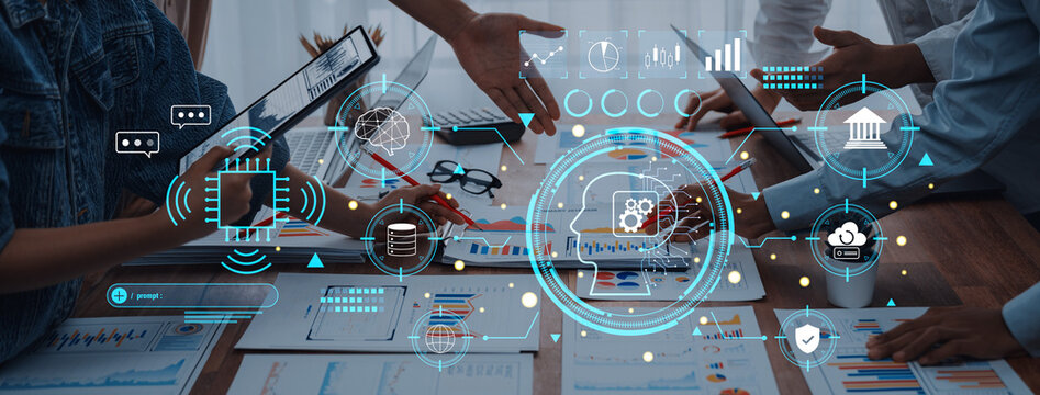 A dynamic scene illustrating a team working together on a digital analytics strategy, showcasing various technology interfaces and data visualization elements in a contemporary workspace. Trope