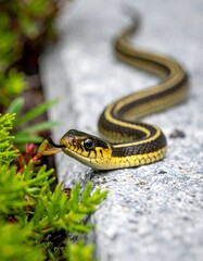 Obraz premium Slithering serpent with yellow stripes and forked tongue