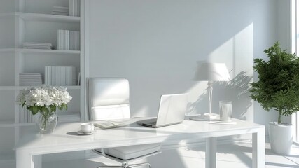 Bright white office table with laptop showing modern dashboard UI, subtle shadows, peaceful productivity vibe, smooth dolly-in shot
