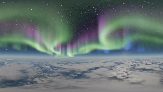 Panoramic 360 VR view of vibrant Aurora Borealis over Earth's atmosphere, showing Northern Lights, starry sky, and clouds.
