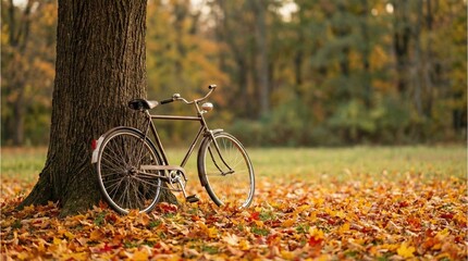Fototapeta premium Vintage bicycle under maple tree in autumn park with fallen leaves 