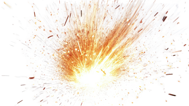 A bright explosion with golden light radiating outwards on a black and white fragmented background