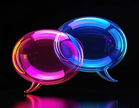 Overlapping pink and blue glassy speech bubbles on black