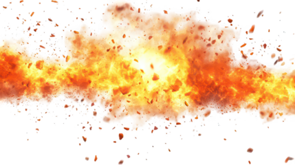An explosion of fire and debris against a black background with smoke and orange particles flying