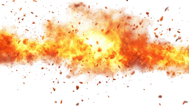 An explosion of fire and debris against a black background with smoke and orange particles flying