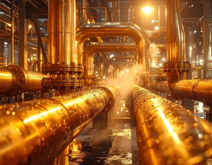 Industrial pipelines gleaming golden with steaming fluids capture advanced engineering technology for energy production, manufacturing, and infrastructure projects