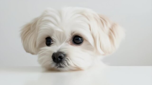 Adorable White Maltese Dog Peeking Over Table Soft Lighting